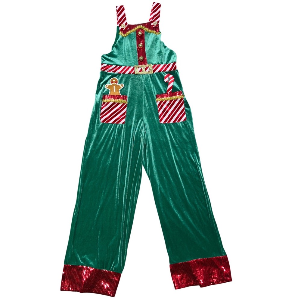No Boundaries‎ Christmas Elf Velvet Jumpsuit-Green-Red Sequin Gingerbread - Picture 2 of 6